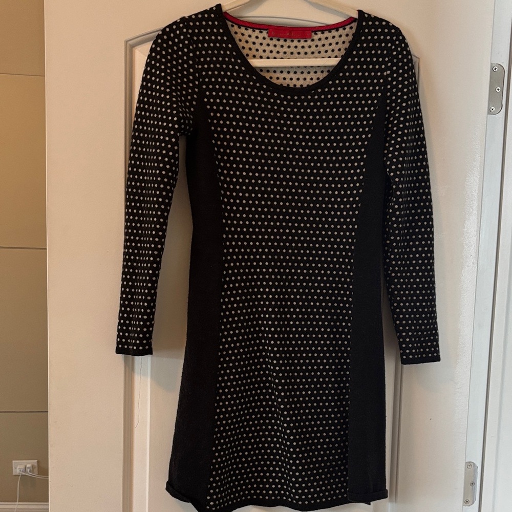 Krimson Klover Black Merino Wool Dress with White Polka Dots - Long Sleeve